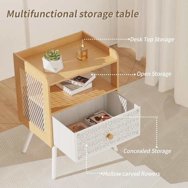 Nightstand, Bedside Table with Metal Drawers, End Table with Open Shelf, 2-Tier Open Adjustable Metal Floral Drawer Night Stand for Sofa Side Table, Bedroom Bedside Table, Maple White - Image 7