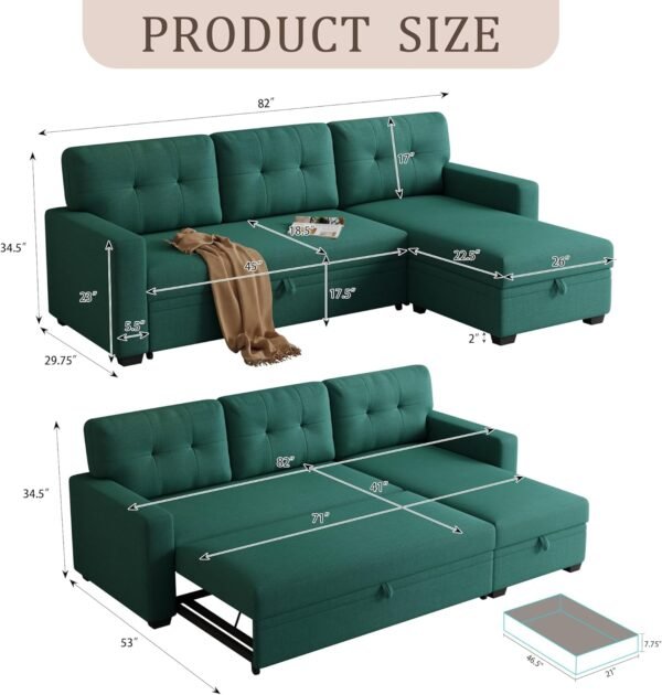 Upholstered Pull Out Sectional Sofa with Storage Chaise,Linen Loveseat w/Removable Back Cushions,Can Be Converted into a Twin Size Sleeper,for Guest Room,Living Room,82",Green - Image 2