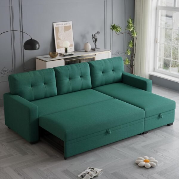 Upholstered Pull Out Sectional Sofa with Storage Chaise,Linen Loveseat w/Removable Back Cushions,Can Be Converted into a Twin Size Sleeper,for Guest Room,Living Room,82",Green - Image 3
