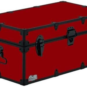 C&N Footlockers – Full-Size Happy Camper Trunk w/Black Trim – #1 Summer Camp Trunk – Made in the USA – Steel Footlocker with Lid Stay – 32 x 18 x 13.5 Inches (Red)