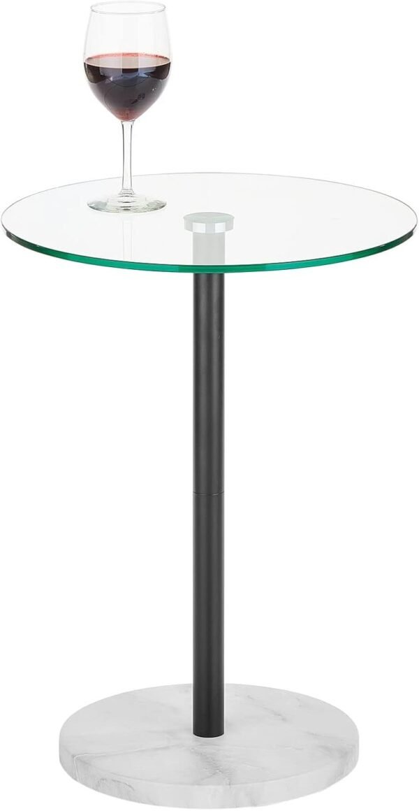 mDesign Glass Top Side/End Drink Table - Tall Modern Round Accent Metal Nightstand Furniture for Living Room, Dorm, Home Office, and Bedroom - 16" Round - Clear/Matte Black/White Marble Print