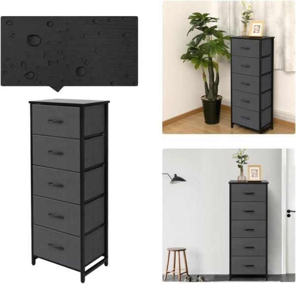 5 Drawers Vertical Dresser Storage Tower - Sturdy Steel Frame, Wood Top, Wood Handles - Organizer Unit for Bedroom, Hallway, Entryway, Closets, Black + Dark Grey - Image 6