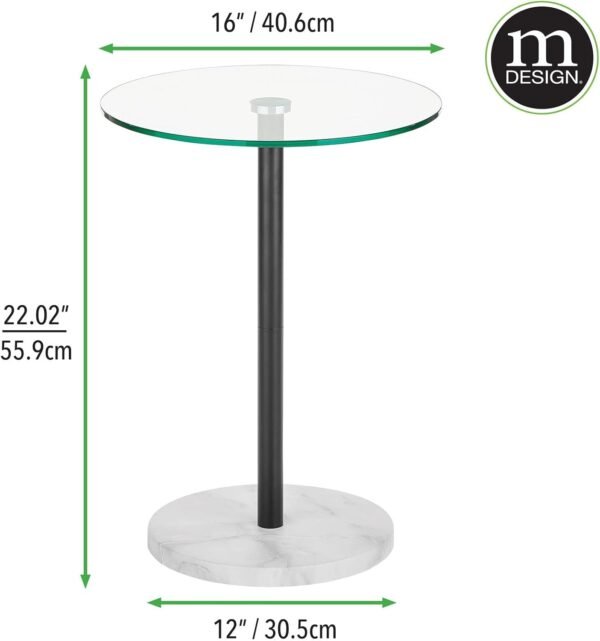 mDesign Glass Top Side/End Drink Table - Tall Modern Round Accent Metal Nightstand Furniture for Living Room, Dorm, Home Office, and Bedroom - 16" Round - Clear/Matte Black/White Marble Print - Image 3