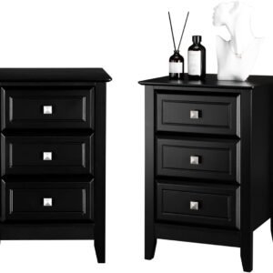 Bonnlo Upgraded Black Nightstand with Drawers, Night Stands for Bedrooms Set of 2, Modern Bed Side Table/Night Stand with Metal Knobs for Small Spaces, College Dorm, Kids’ Room, Living Room, 24H