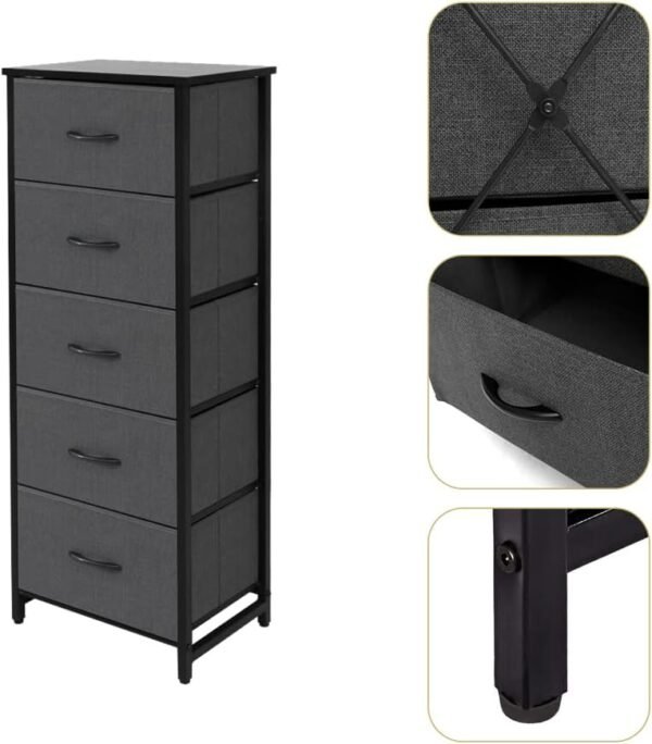 5 Drawers Vertical Dresser Storage Tower - Sturdy Steel Frame, Wood Top, Wood Handles - Organizer Unit for Bedroom, Hallway, Entryway, Closets, Black + Dark Grey - Image 5