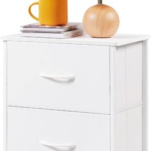 Somdot White Nightstand, Small Dresser for Bedroom with 2 Drawers, Bedside Table Night Stand End Table with Fabric Bins for Bedroom Nursery Closet Dorm Living Room, White Leather