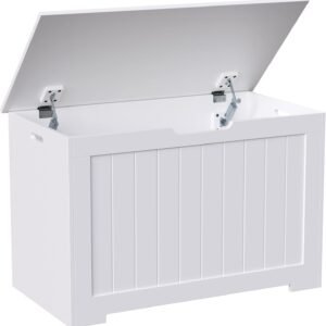 ZENY Lift Top Storage Cabinet Bench, Wooden Chest Room Organizer Bin with 2 Safety Hinges (White)