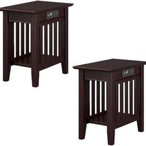 AFI, Mission, Solid Hardwood Side Table with USB Charger, 14 in, Set of 2, Black Espresso