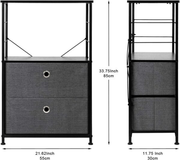 Nightstand Shelf Storage - Bedside Furniture & Accent End Table Chest with 2-Drawers for Home, Bedroom, Office, College Dorm, Steel Frame, Wood Top, Easy Pull Fabric Bins (Dark Grey) - Image 3