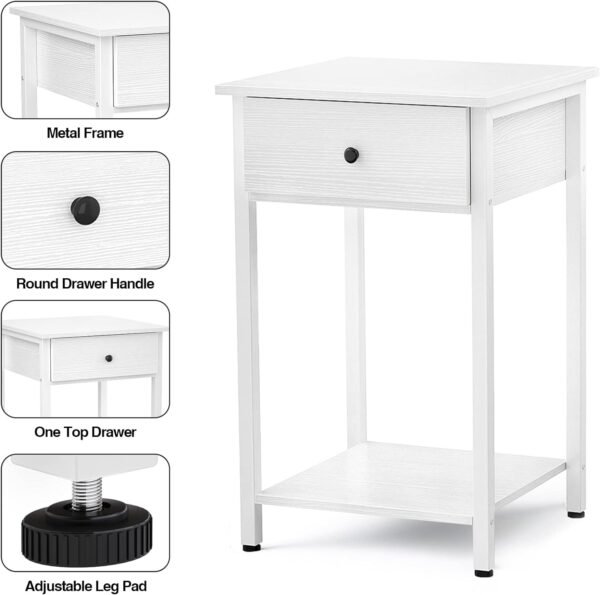 Ecoprsio Nightstand White End Table Side Table with Drawer and Storage Shelf Wood Night Stand Modern Bedside Table for Bedroom, Living Room, Sofa Couch, Hall, Easy Assembly, White - Image 4