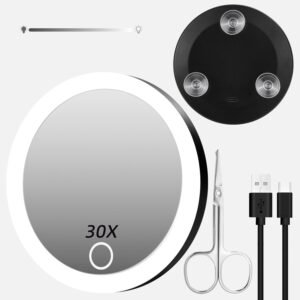 30X Lighted Magnifying Mirror with Suction Cups, Rechargeable 4inch Small Magnifying Mirror Dimming Makeup Mirror with 30X Magnification Travel Magnified Mirror with Light Pocket Mirror