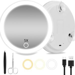 5X Magnifying Mirror with Lights, 6inch Makeup Magnifying Mirror with 3 Suction Cups, 5X Lighted Travel Magnification Mirror Large 5x Magnified Mirror with Lights, Portable 5X Travel Magnifying Mirror