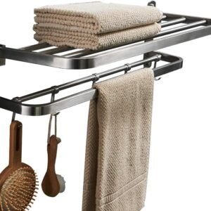 BESy Premium SUS 304 Stainless Steel Towel Racks for Bathroom, Foldable Bathroom Shelf with Towel Bar Rod Hooks, Multifunction Double Towel Bars Hotel Style, Screw Wall Mount, Brushed Nickel, 22 Inch