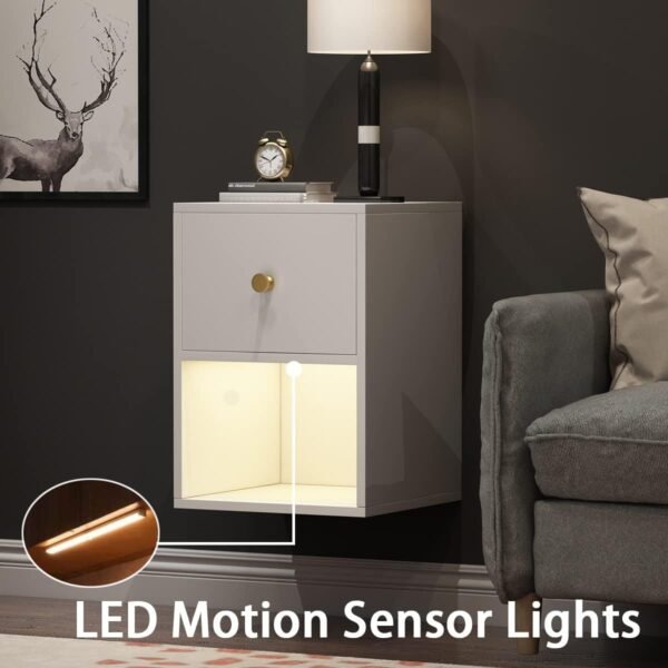 Floating Nightstand with Motion Sensor Light Wall Mounted Shelf with Drawer and Open Storage Shelf - Image 4