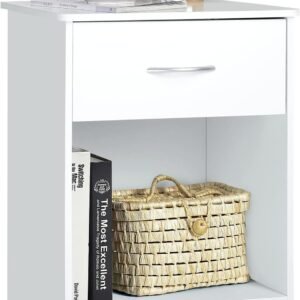 VOWNER White Nightstand with Drawer and Storage Shelf, Bedside Table End Tables, File Cabinet Storage with Sliding Drawers and Shelf for Bedroom