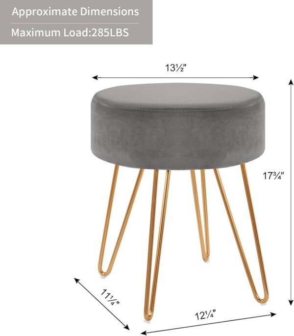 DUHOME Velvet Ottoman, Makeup Vanity Stool, Contemporary Stool, Mongolian Round Metal Stool, Vanity Stool, Furry Ottoman Stool, Modern Accent Stools Grey - Image 3