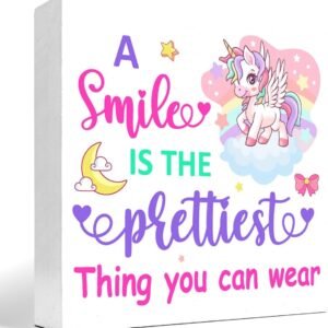 A Smile is the Prettiest Thing You Can Wear Inspirational Wood Block Sign Desk Decor,Cartoon Unicorn Wooden Box Plaque Sign Desk Decor for Nursery Girls Room Bedroom Playroom Decorations