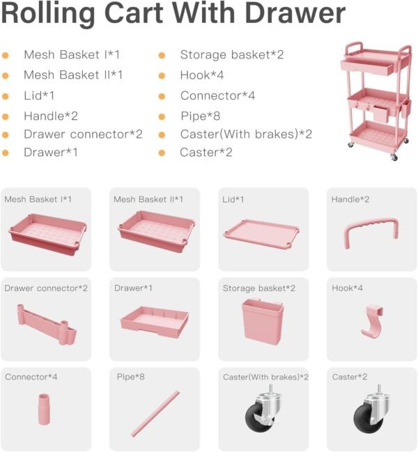 3 Tier Small Rolling Cart Organizer,Laundry Room Bathroom Organizers and Storage Office Shelves Mobile Shelving Unit Kitchen Trolley Cart with Wheels for Art,Craft,Diaper,Bedside,Snack(Pink) - Image 7