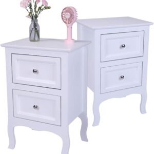 9zH&K 2PCs 2-Tier Nightstands, Country Style Night Tables Large Size Idyllic Style Bedside End Table Storage Organizer with 2 Storage Drawers for Bedroom Living Room, 23.6″x15.8″x11.8″ (White)