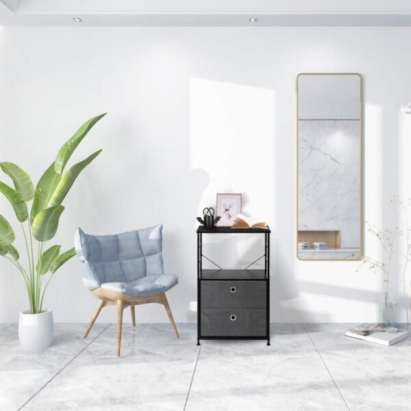 Nightstand Shelf Storage - Bedside Furniture & Accent End Table Chest with 2-Drawers for Home, Bedroom, Office, College Dorm, Steel Frame, Wood Top, Easy Pull Fabric Bins (Dark Grey) - Image 8