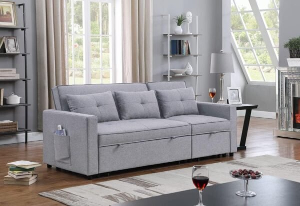 SONGG 80'' L-Shape Convertible Sleeper Sectional Sofa with Recliner, Pull-Out Bed, Side Pocket and Tufted Cushions, 3 Person Linen Corner Couch forLiving Room, Apartment, Offce, 80, Light Gray - Image 3