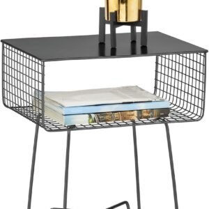 mDesign Steel Side Table Nightstand with Storage Shelf Basket for Bedroom, Living Room, Home Office; Rustic Bedside End Table, Industrial Modern Accent Furniture – Concerto Collection – Black