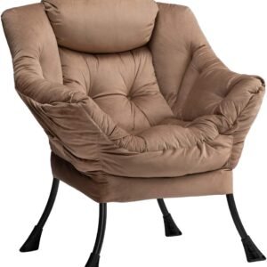 AcozyHom Modern Cotton Fabric Lazy Chair, Accent Contemporary Lounge Chair, Single Steel Frame Leisure Sofa Chair with Armrests and A Side Pocket, Thick Padded Back, Dark Brown