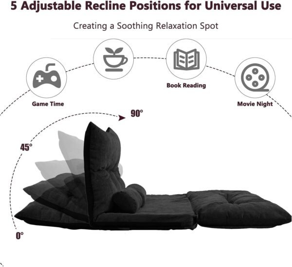 Harper & Bright Designs Adjustable Floor Sofa Couch with 2 Pillows, Foldable Lazy Sofa Sleeper Bed for Reading Gaming Sleeping(Black) - Image 6