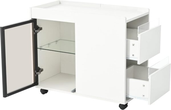 Modern End Table Side Table with Wheels, Narrow End Table with Transparent Brown Glass Door, 2 Storage Shelves and Drawers, Versatile Nightstand for Living Room (White * 121) - Image 9