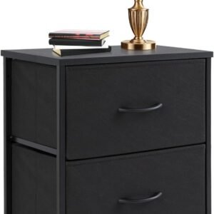 Sweetcrispy Nightstand Small Dresser with 2 Fabric Drawers Side Bedroom End Table Kids Bedside Storage Furniture for 20″ Tall Night Stand for Closet, Entryway, College Dorm, Black
