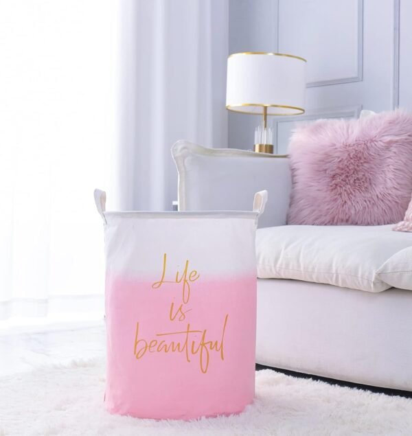 Pink Girls Laundry Hamper,19.7" X-Large Laundry Basket collapsible Waterproof Sturdy Thicken Canvas Kids Nursery Baby Clothes Basket (Life Pink) - Image 3