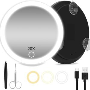20X Magnifying Mirror with Light, Large 6” Magnifying Makeup Mirror with LED Lighted 20X Magnification Mirror, 20X High Magnifying Mirror, 20X Travel Magnified Mirror with 3 Color Light & Suction Cup