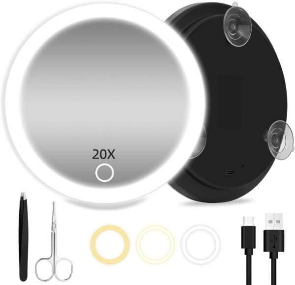 20X Magnifying Mirror with Light, Large 6'' Magnifying Makeup Mirror with LED Lighted 20X Magnification Mirror, 20X High Magnifying Mirror, 20X Travel Magnified Mirror with 3 Color Light & Suction Cup