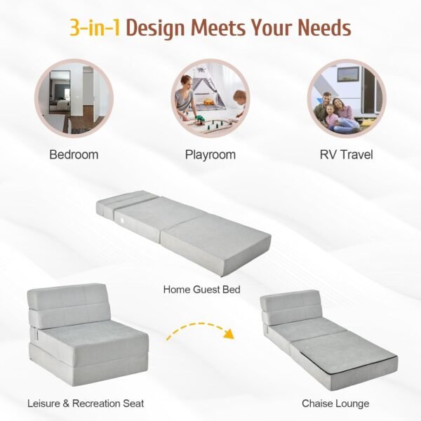 Giantex Convertible Sofa Bed, Floor Couch Sleeper, Folding Futon Guest Bed, Modern Chaise Lounge Upholstered Padded Cushion, Large Accent Chair Living Room Bedroom Gray - Image 4