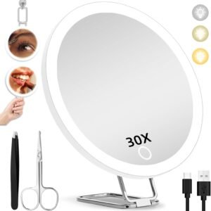 30X Magnifying Mirror with Light, Large 6” Magnifying Makeup Mirror with Light 30X, Travel Mirror with 30X High Magnification Compact 30X Magnified Mirror with Light, 3 Suction Cup & Adjustable Stand