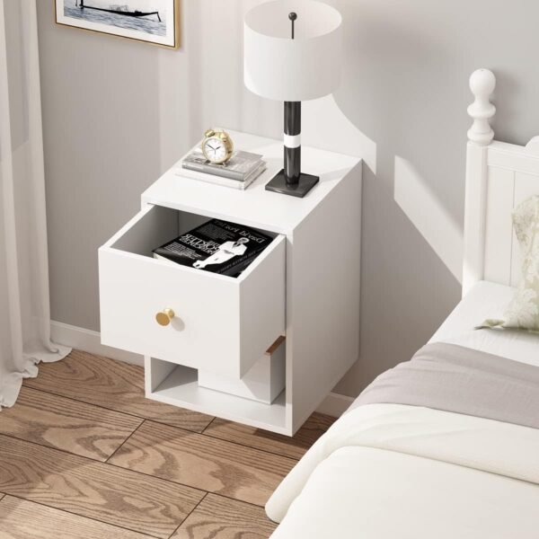 Floating Nightstand with Motion Sensor Light Wall Mounted Shelf with Drawer and Open Storage Shelf - Image 5