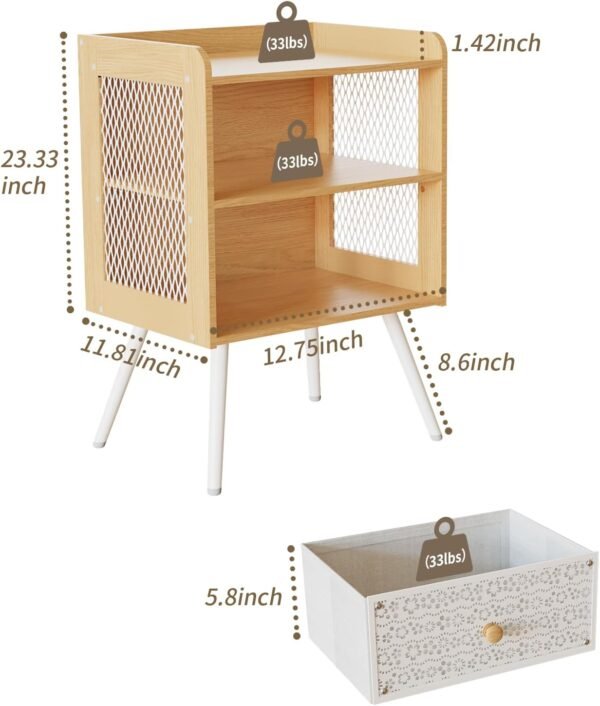 Nightstand, Bedside Table with Metal Drawers, End Table with Open Shelf, 2-Tier Open Adjustable Metal Floral Drawer Night Stand for Sofa Side Table, Bedroom Bedside Table, Maple White - Image 3