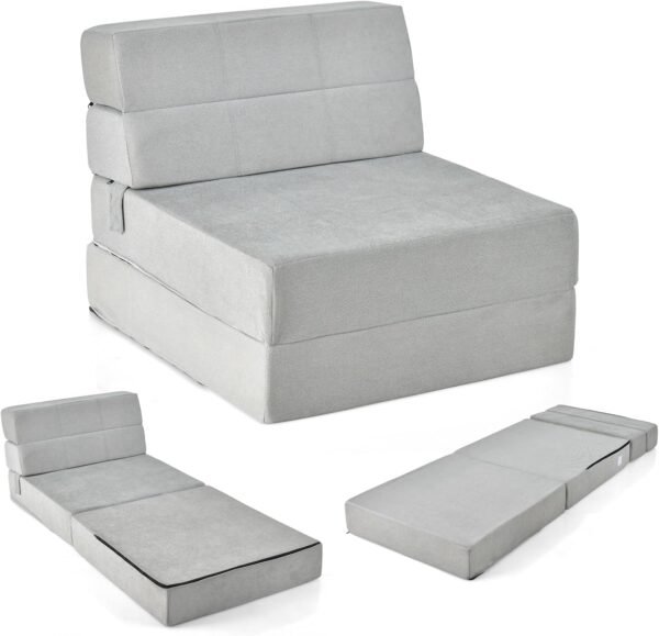 KOMFOTT Tri Folding Sofa Bed, Convertible Sleeper Chair Bed, 6" Breathable High-Density Foam Futon Floor Couch Sleeping Mattress, Portable Guest Bed Lazy Couch with Removable & Washable Cover (Gray)