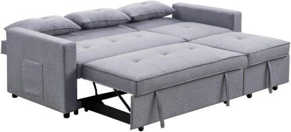 SONGG 80'' L-Shape Convertible Sleeper Sectional Sofa with Recliner, Pull-Out Bed, Side Pocket and Tufted Cushions, 3 Person Linen Corner Couch forLiving Room, Apartment, Offce, 80, Light Gray - Image 5