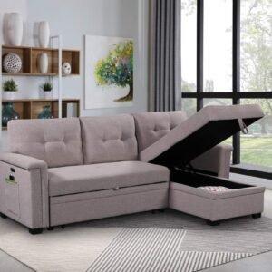 L-Shape Reversible Sectional Sofa with Storage Chaise, Functional Linen Couch w/Side Pocket and USB Charging Ports, for Living Room, Apartment, Dorm, Pull Out Sleeper Bed, 84, Light Grey