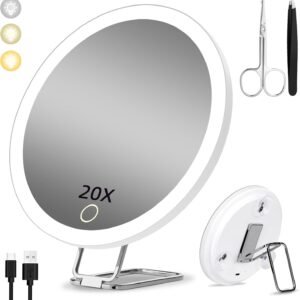 20X Magnifying Mirror with Light, Rechargeable 3 Colors Dimming Lighted Magnifying Mirror with 3 Suction Cups and 360° Stand, 6″ Large Travel Tabletop Magnified Makeup Mirror with Tweezers & Scissors