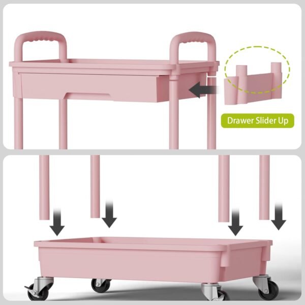 3 Tier Small Rolling Cart Organizer,Laundry Room Bathroom Organizers and Storage Office Shelves Mobile Shelving Unit Kitchen Trolley Cart with Wheels for Art,Craft,Diaper,Bedside,Snack(Pink) - Image 5