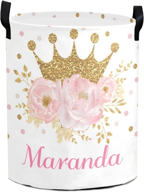 Personalized Freestanding Laundry Hamper, Custom Waterproof Collapsible Drawstring Basket Storage Bins with Handle for Clothes Crown Pink