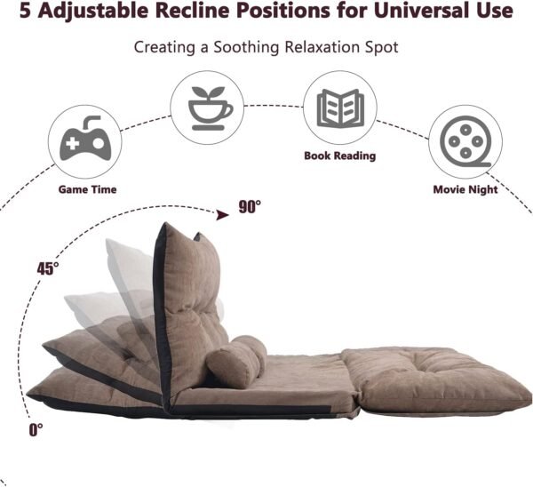 P PURLOVE Adjustable Floor Sofa Bed with 2 Pillows, Folding Lazy Sofa with 5 Reclining Position, Futon Floor Couch for Reading or Gaming in Bedroom/Living Room/Balcony, Light Brown - Image 6