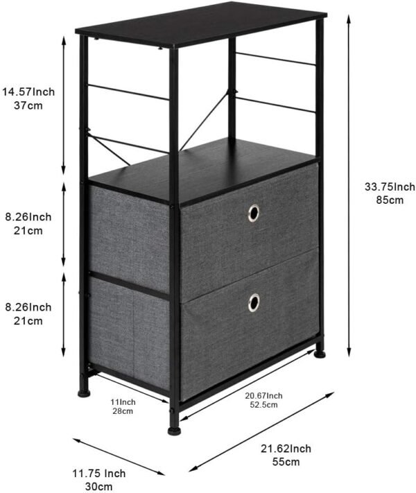 Nightstand Shelf Storage - Bedside Furniture & Accent End Table Chest with 2-Drawers for Home, Bedroom, Office, College Dorm, Steel Frame, Wood Top, Easy Pull Fabric Bins (Dark Grey) - Image 4