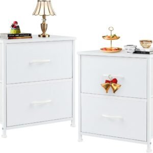 Sweetcrispy Nightstand Set of 2 with 2 Storage Drawers, 20″ Height Small Bed Side Furniture End Table, Wooden Top Fabric Cabinet Kids Night Stand Dresser for Bedroom, Closet, Entryway, College Dorm