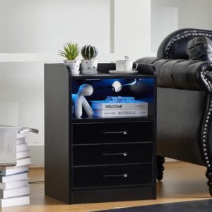 Black Nightstand 3 Drawers with USB Port& Power Outlets, Nightstand with Charging Station and LED Lights, Night Stand 3 Drawers with Open Storage, 3 Drawers Bedroom End Table Bedside Table (Black)