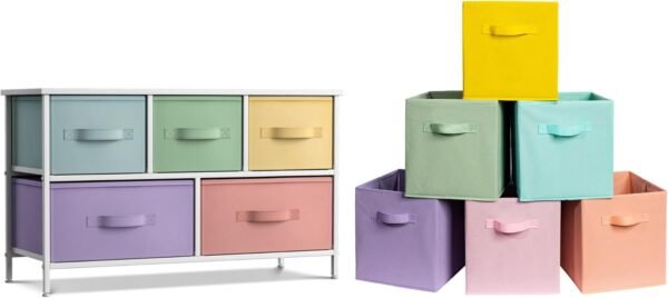 Sorbus Pastel TV Stand with 5 Drawers + 11 Inch Pastel Cube Storage Bins (6 Pack) Bundle - Matching Set - Storage Unit Organizers for Clothing - Bedroom, Closet, Office Organization