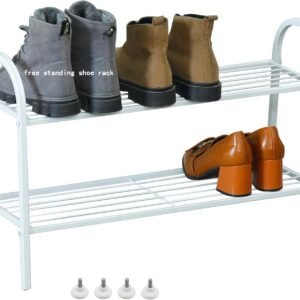 Simple Shoe Rack for College Dorm, Heavy Duty White 2-Tier Wire Metal Shoes Storage – Mini Horizontal Narrow Shoe Organizer for Sapateira Para Closet Floor
