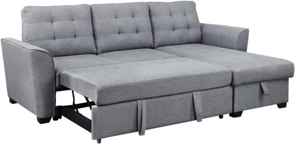 90.5" L Shaped Sectional Sleeper Sofa with Reversible Storage Chaise, Linen Couch Pull Out Bed for Living Room, Small Space, Apartment, Light Gray - Image 3